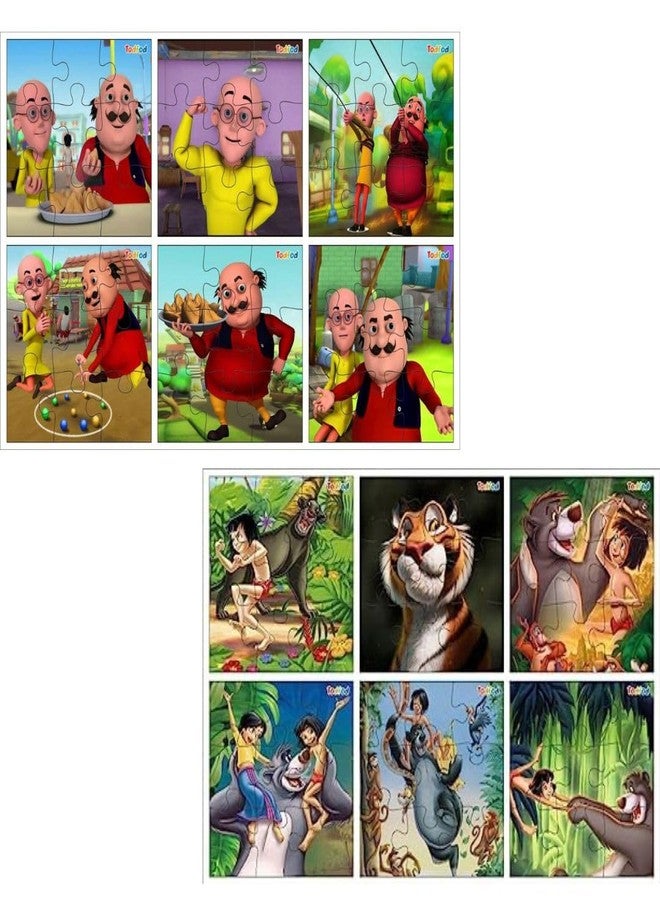 TodFod 6-in-1 Wooden Jigsaw Puzzle Set | 54 Pieces Each for Mogli & Motu Patlu | Educational Cartoon Puzzle for Kids Ages 3-8 | Safe & Non-Toxic Wood - Image 1